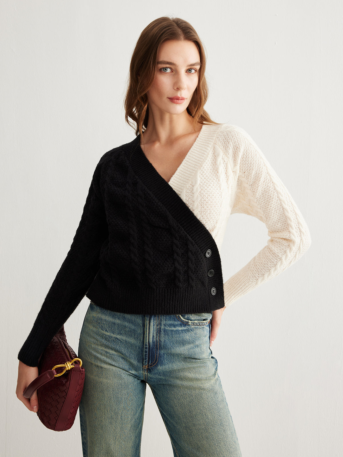 Two-Tone Criss Cross Button Knit Top