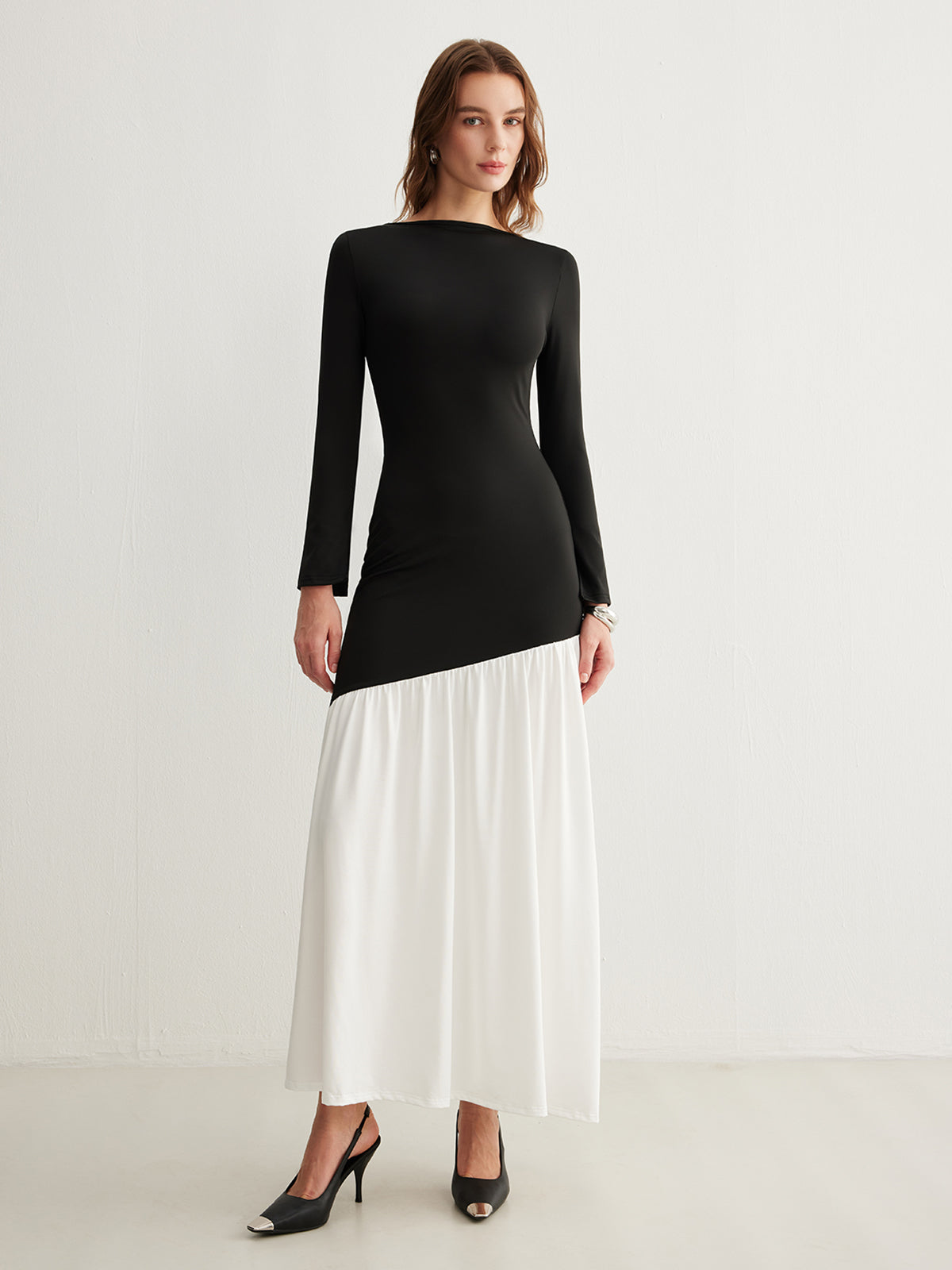 Two-Tone Chiffon Panel Jersey Pleated Dress