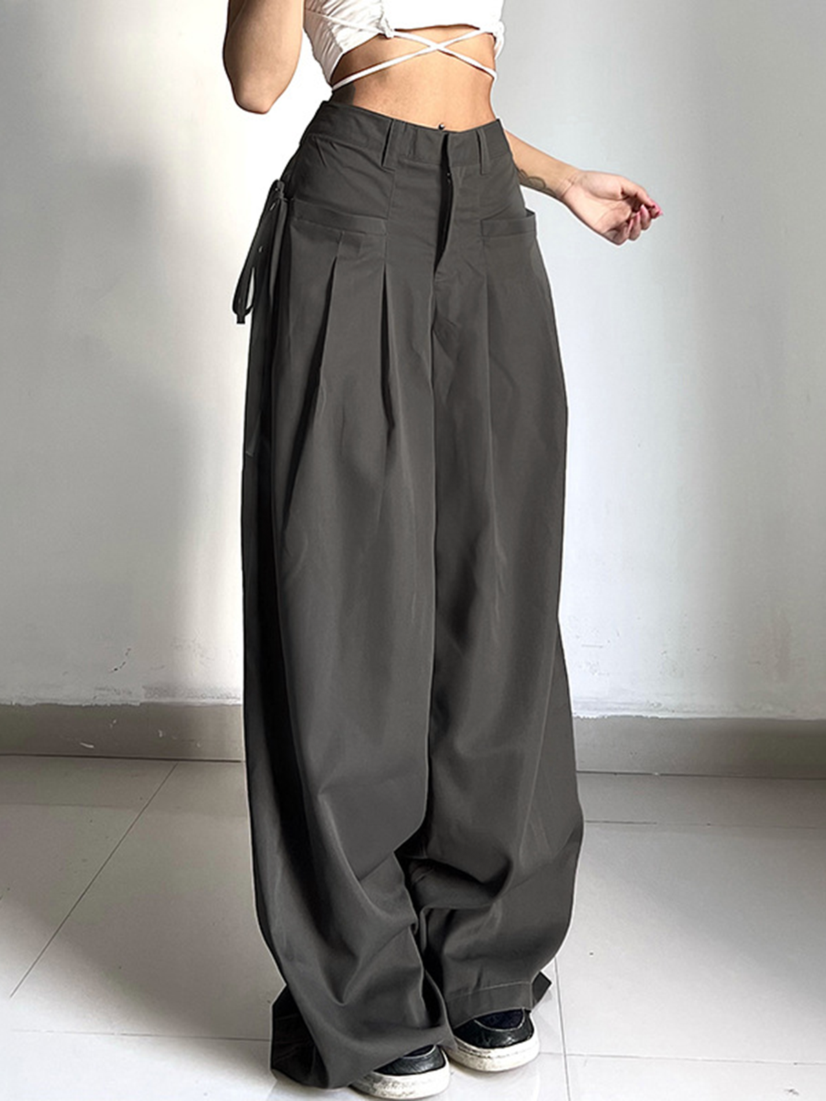 Knotted Pleated Wide-Leg Draped Pants