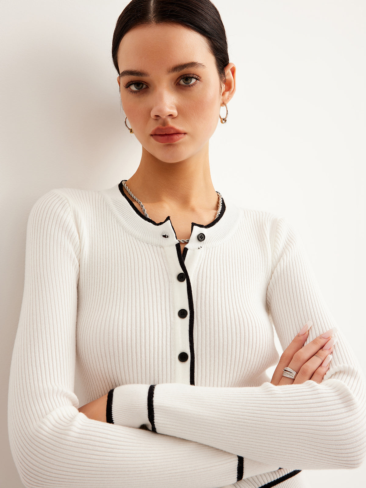 Contrast Binding Ribbed Button Cardigan