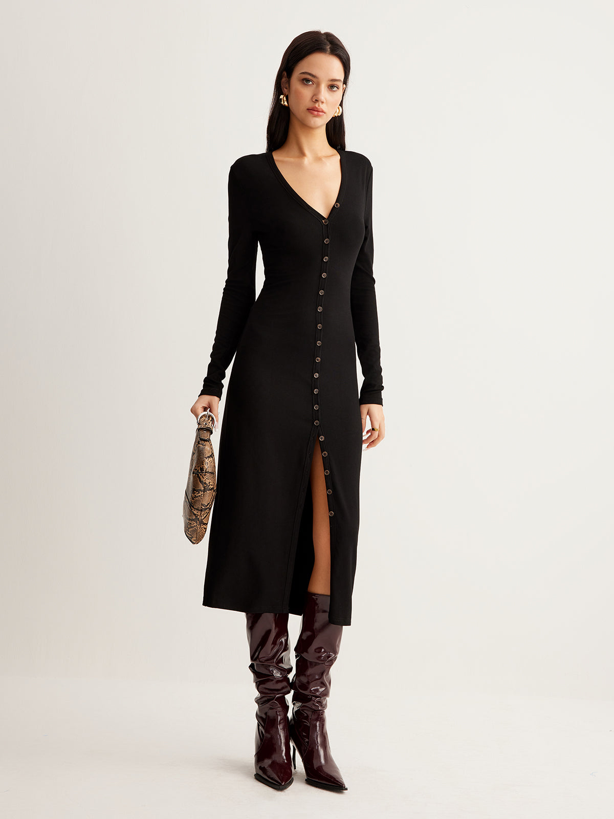 V-Neck Button Slim Long Dress