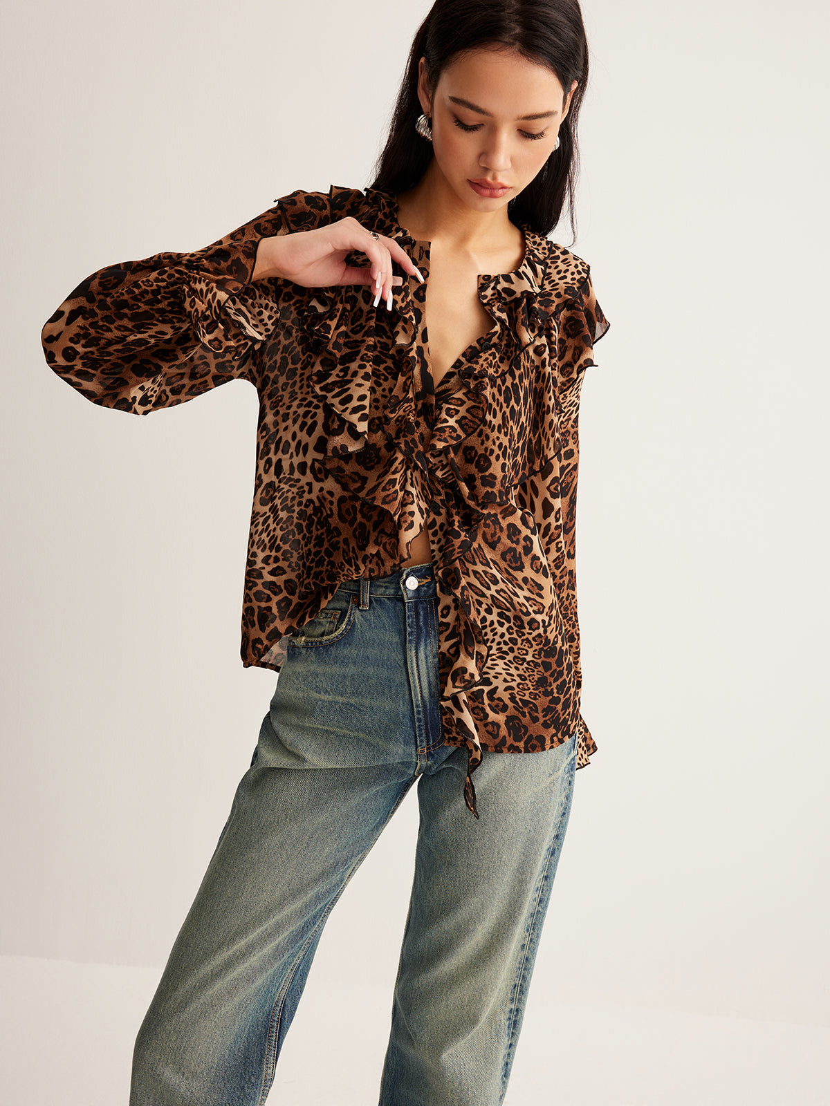 Leopard Printed Ruffle Thin Shirt