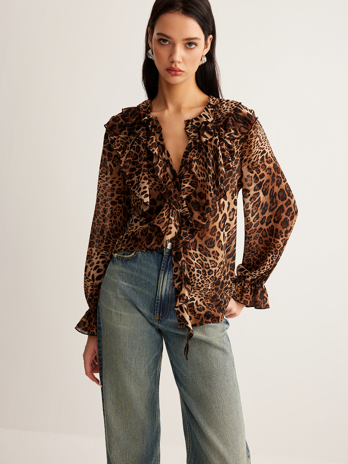 Leopard Printed Ruffle Thin Shirt