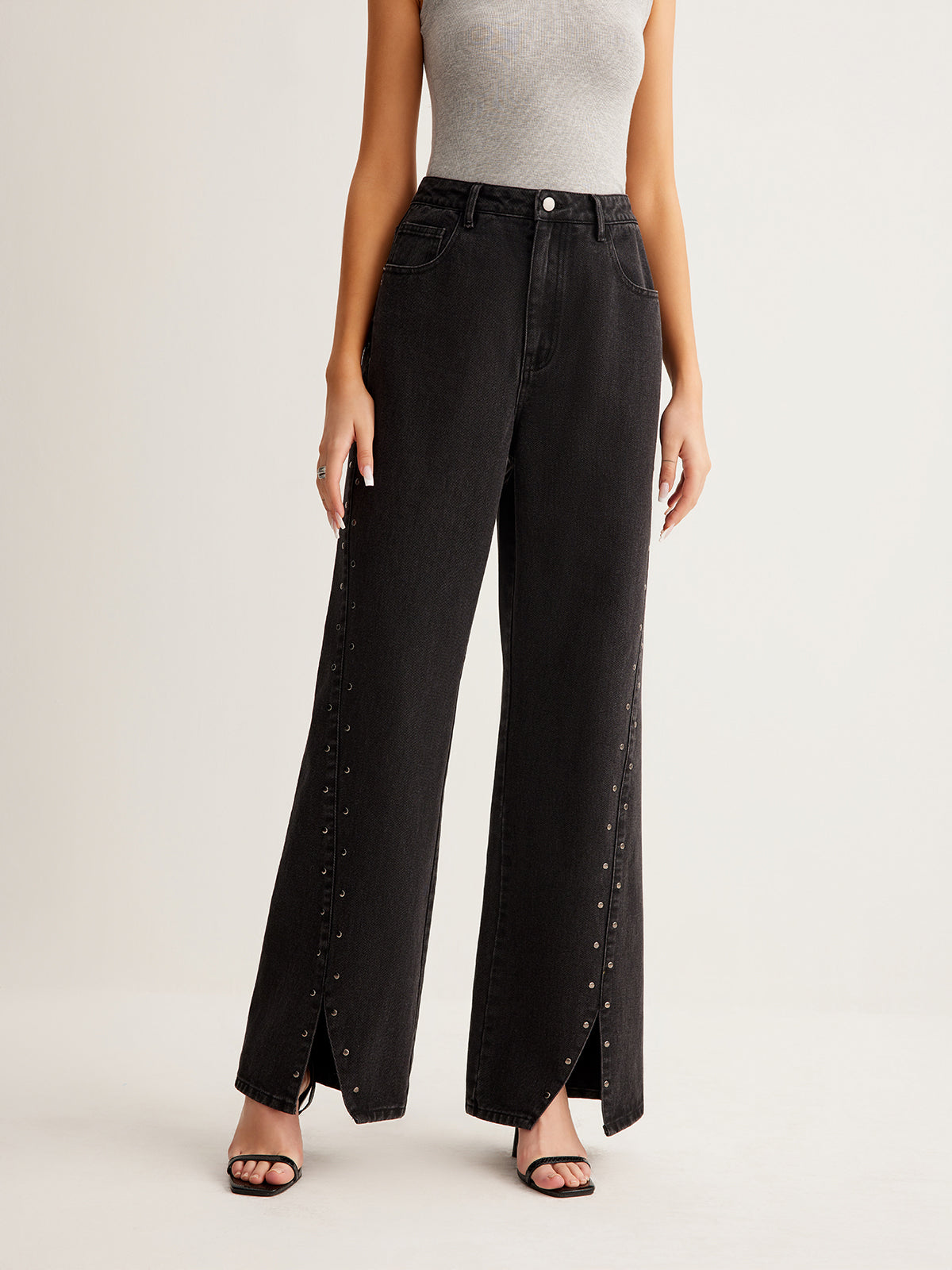 Studded Wide-Leg Denim Jeans