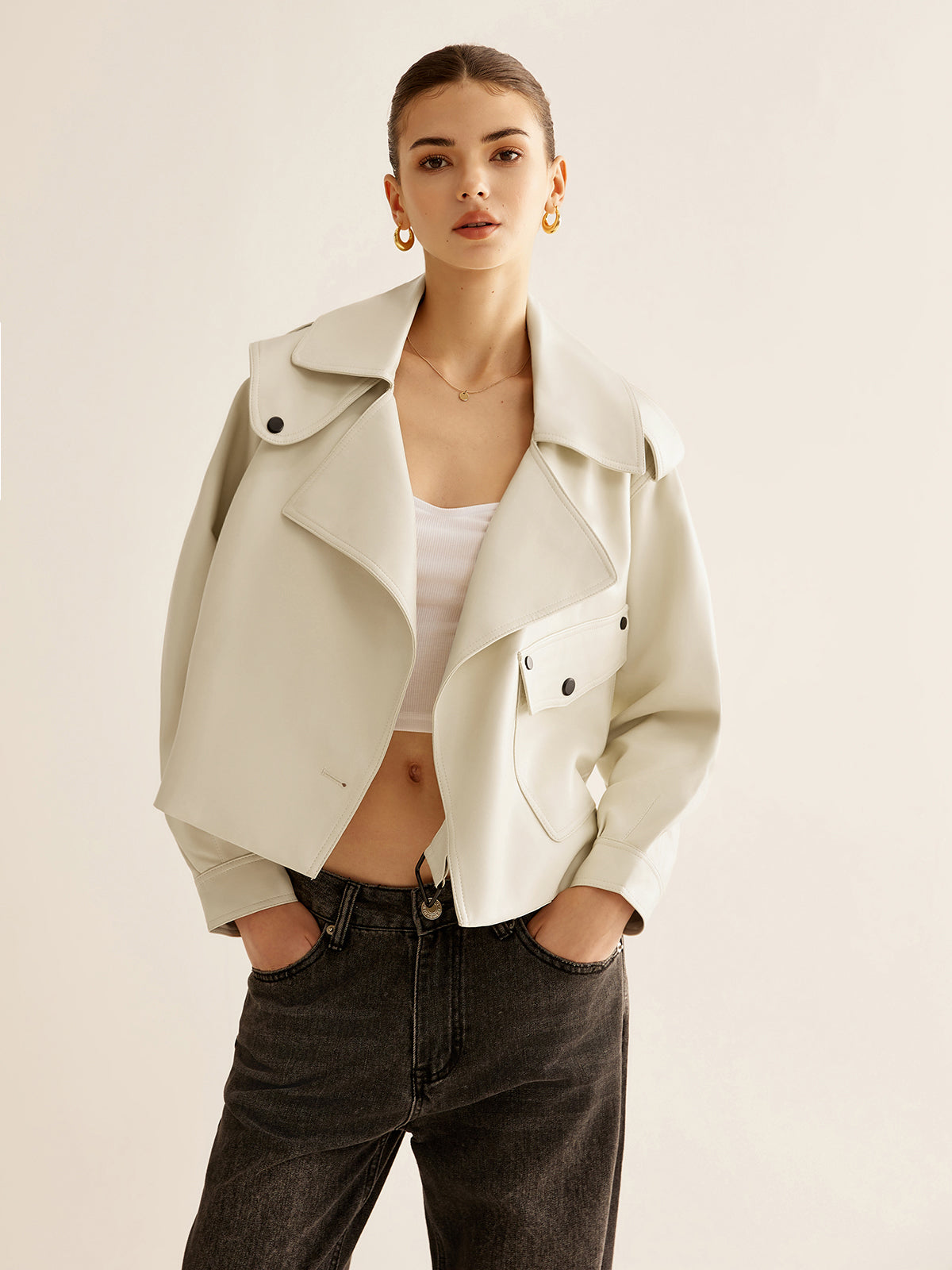 Flap-Pocket Faux Leather Jacket