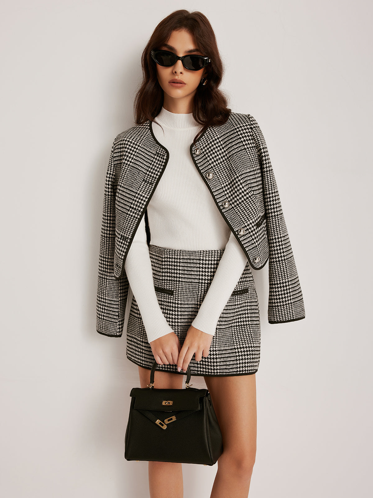 Contrast Trim Plaid Button Jacket