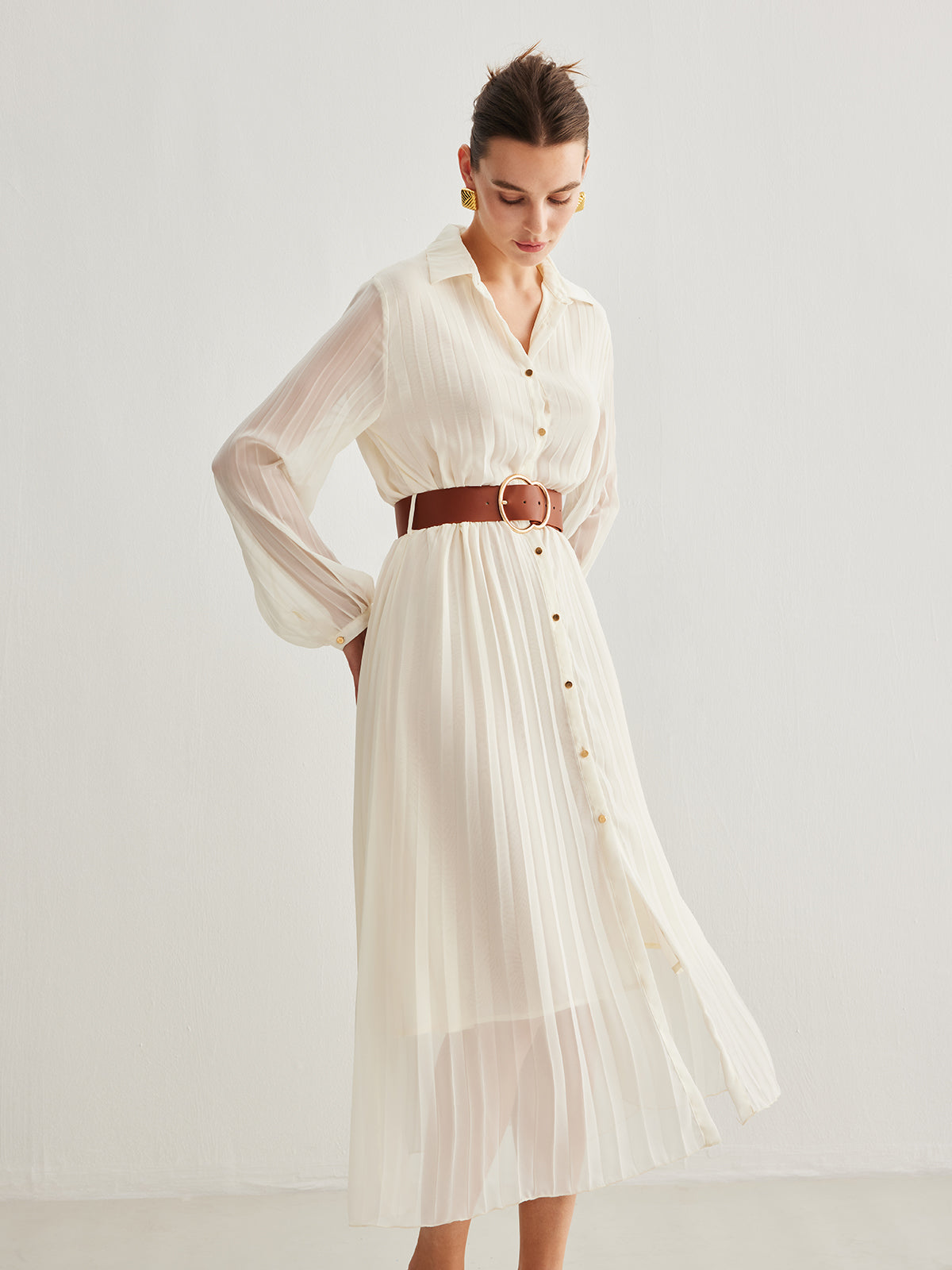 Chiffon Button Pleated Dress With Belt