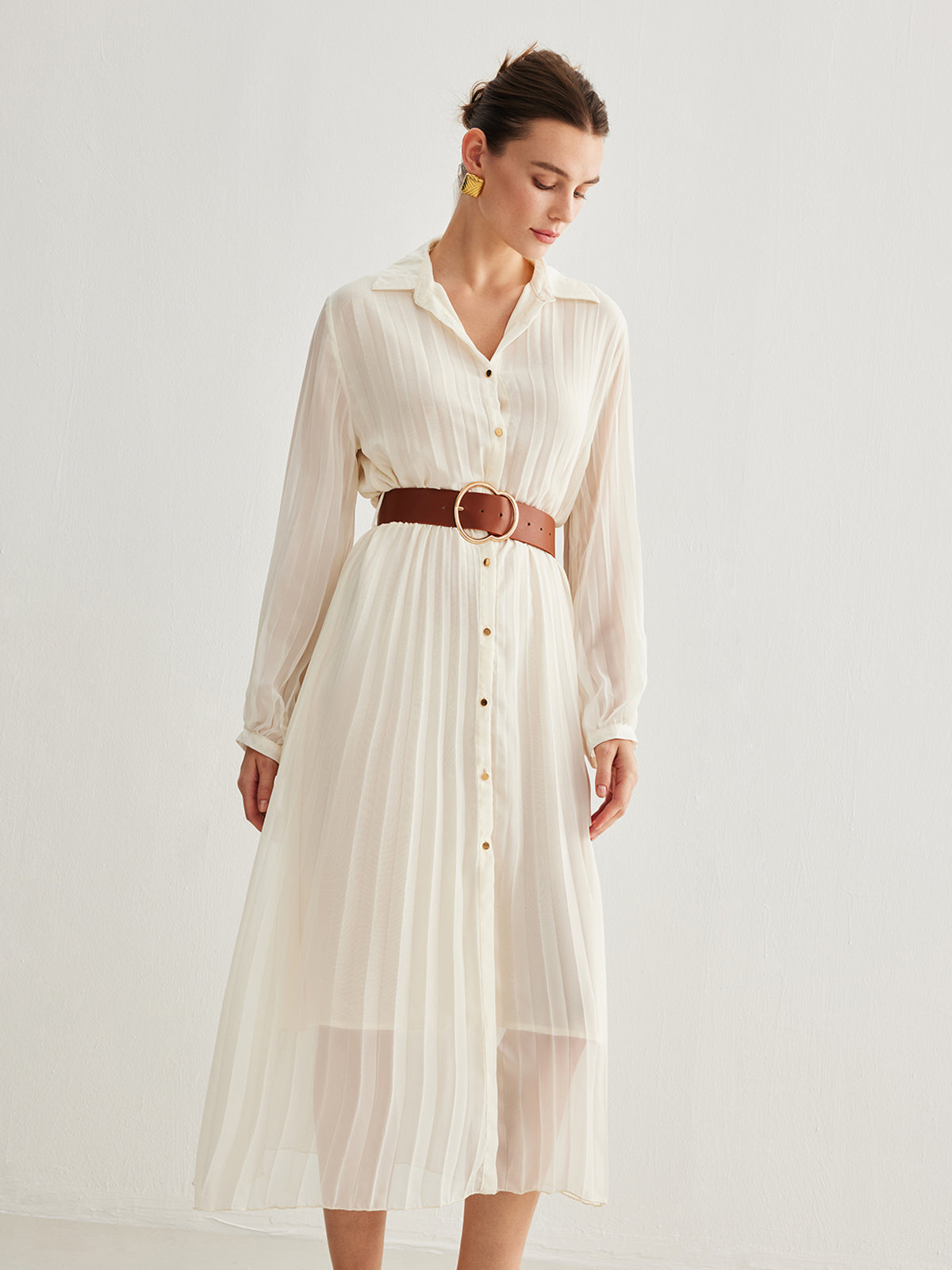 Chiffon Button Pleated Dress With Belt