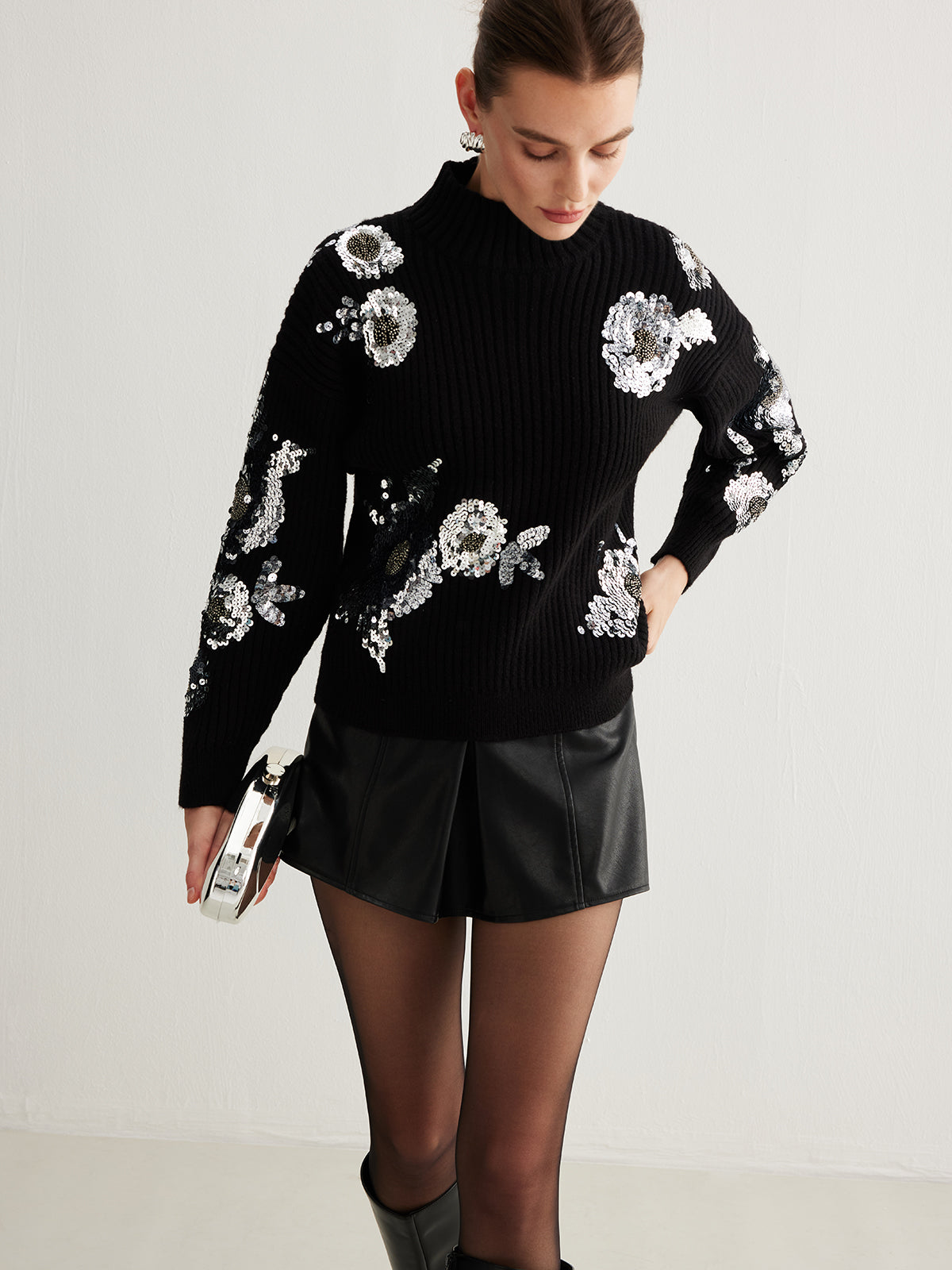 Sequins Floral Pullover Sweater