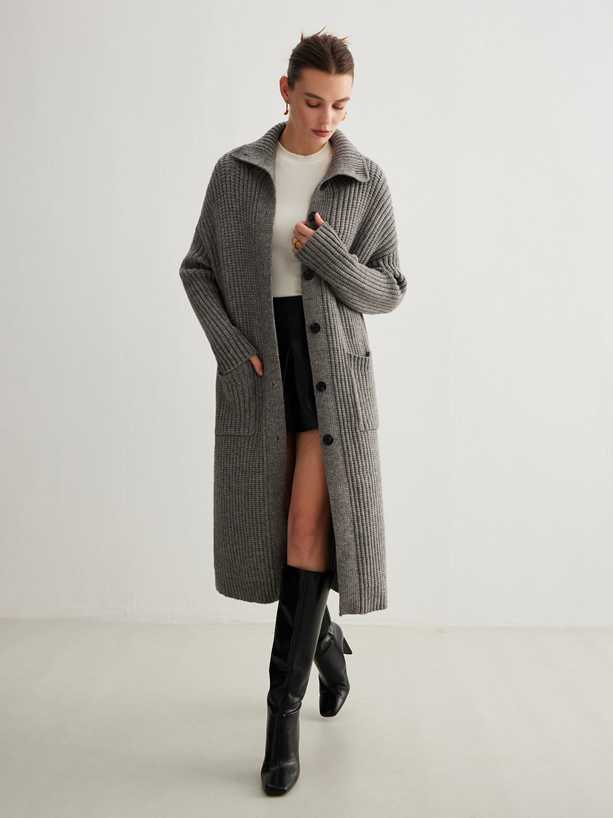 Ribbed Button Knit Long Outerwear