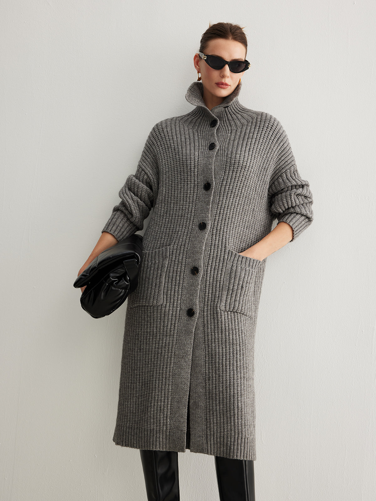 Ribbed Button Knit Long Outerwear