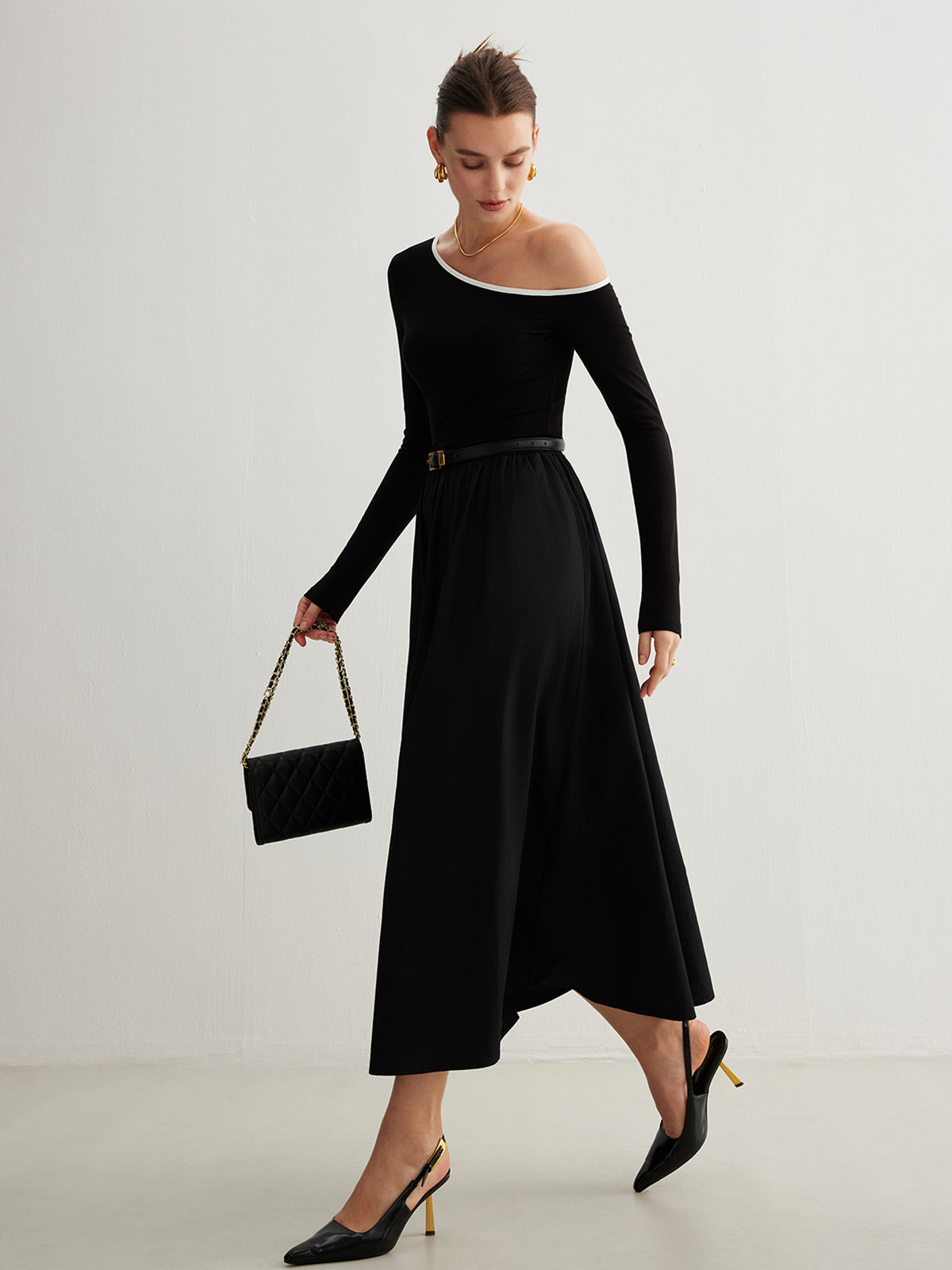 Cold-Shoulder Pockets Panel Dress Without Belt