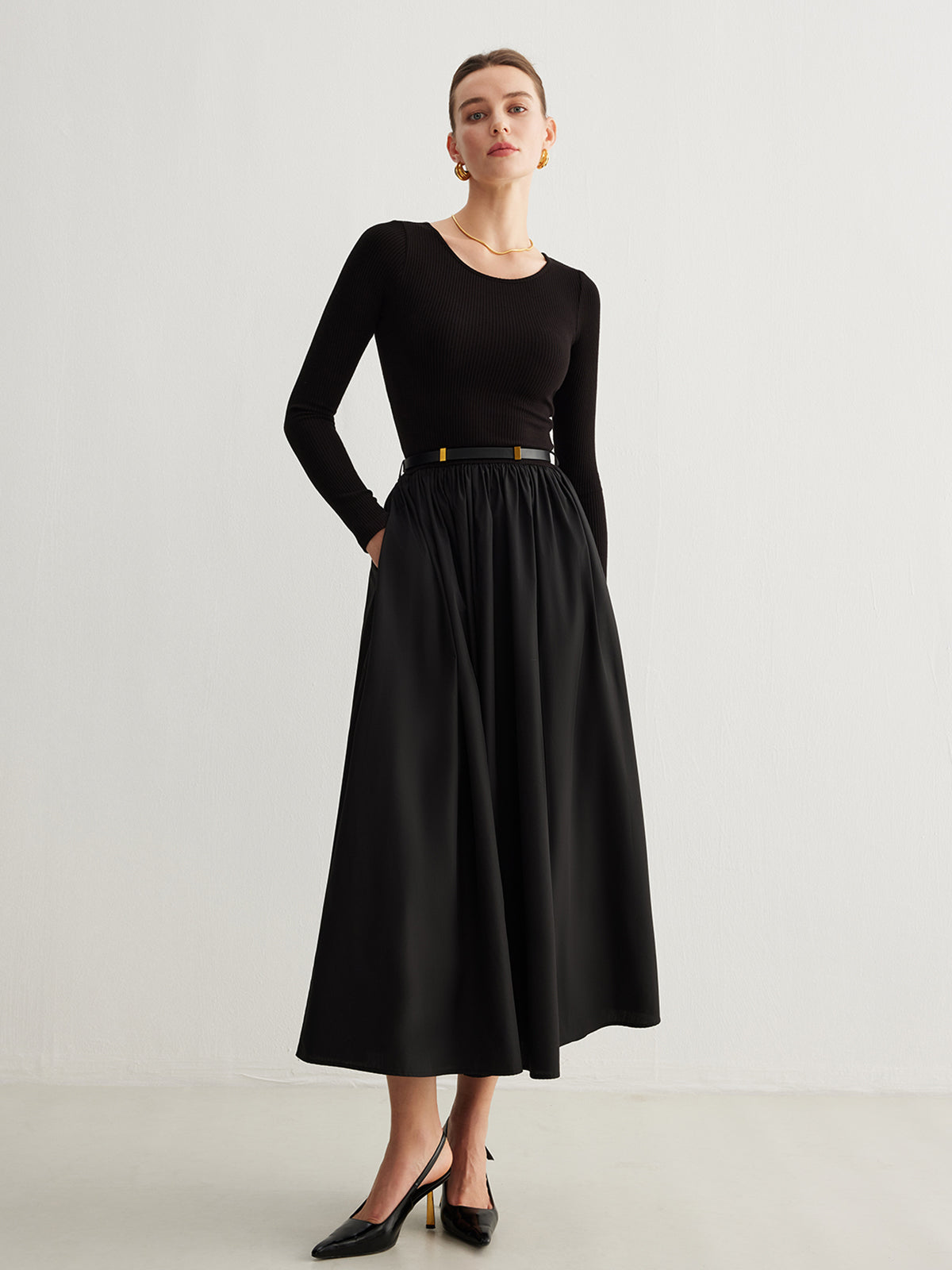 Plain Belted Pleated Panel Dress