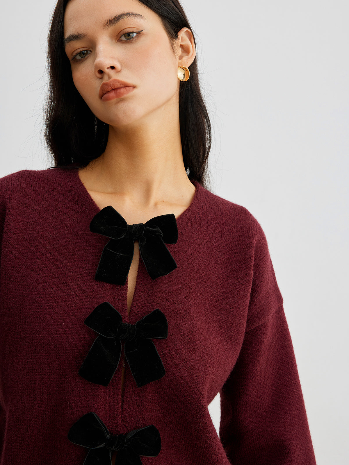 Velvet-Bow Lantern Sleeve Sweater