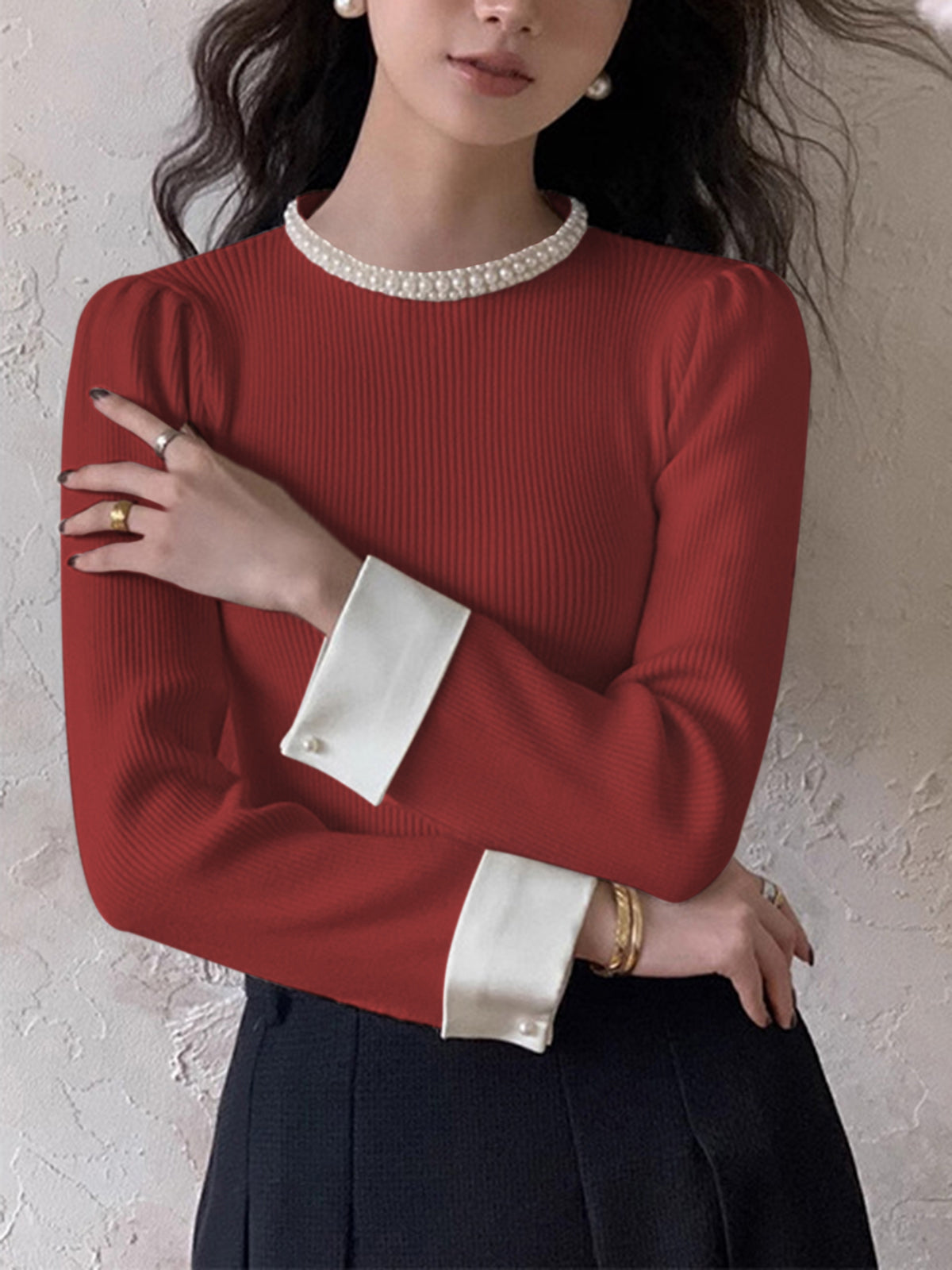 Contrast Trim Pearl-Detail Sweater