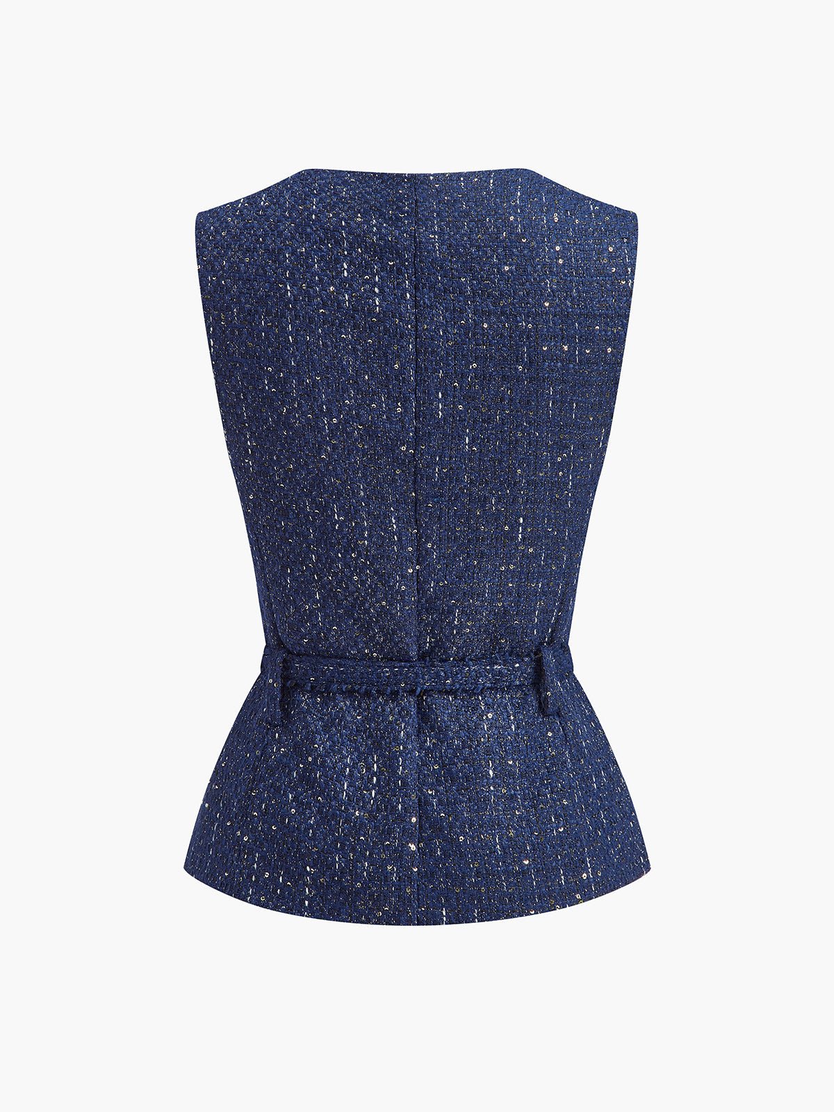 Sequins Button Belted Tweed Vest