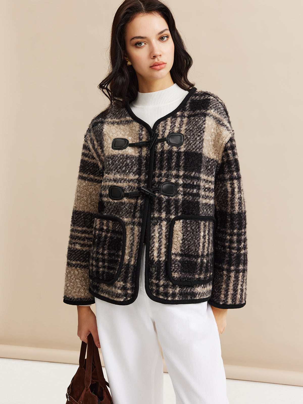 Contrast Trim Checked Tweed Coat