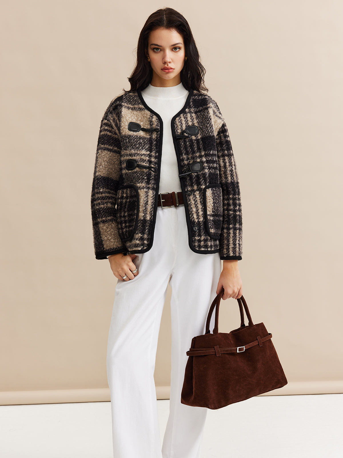 Contrast Trim Checked Tweed Coat