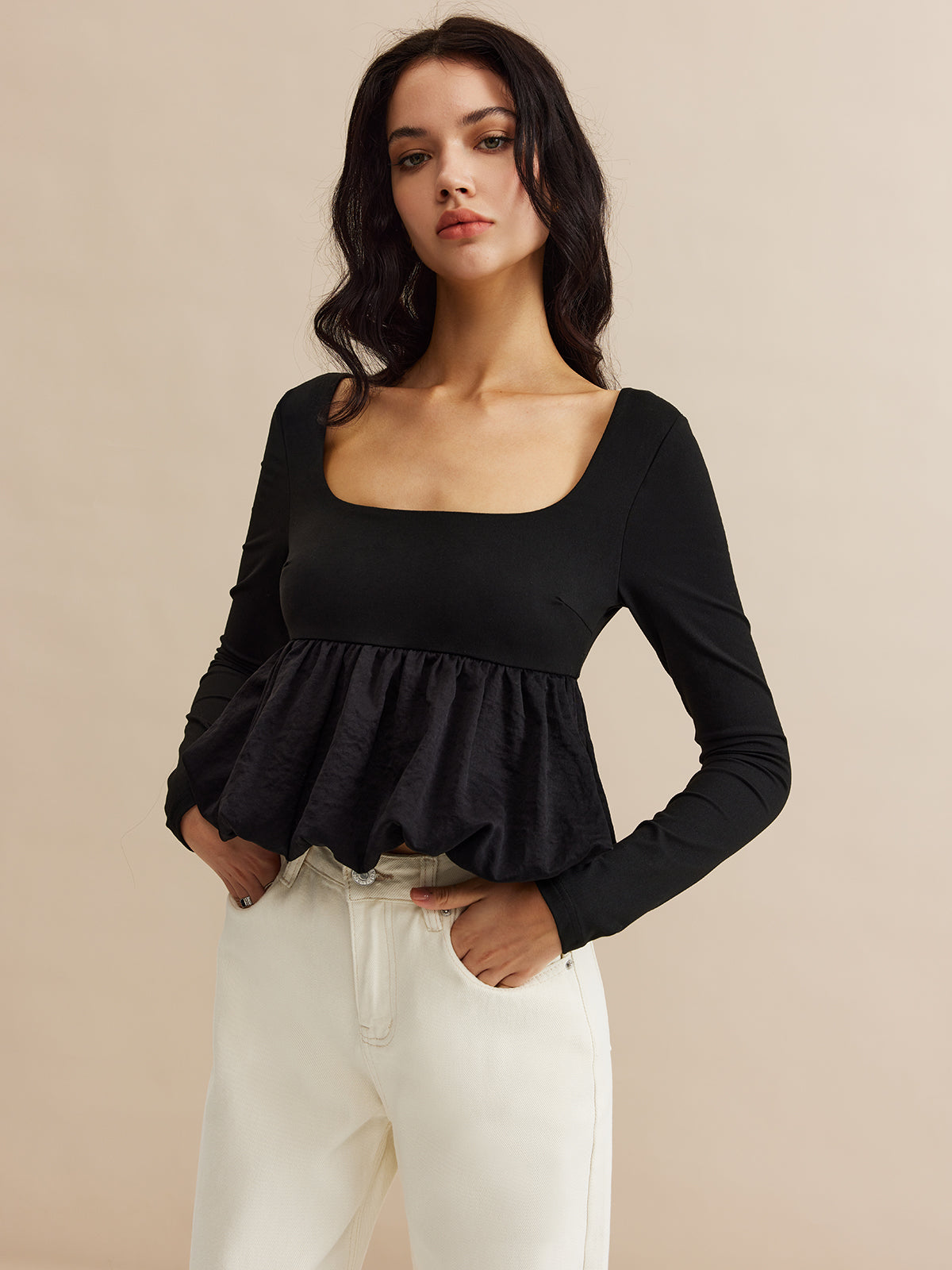 Square Neck Bud Waist Blouse