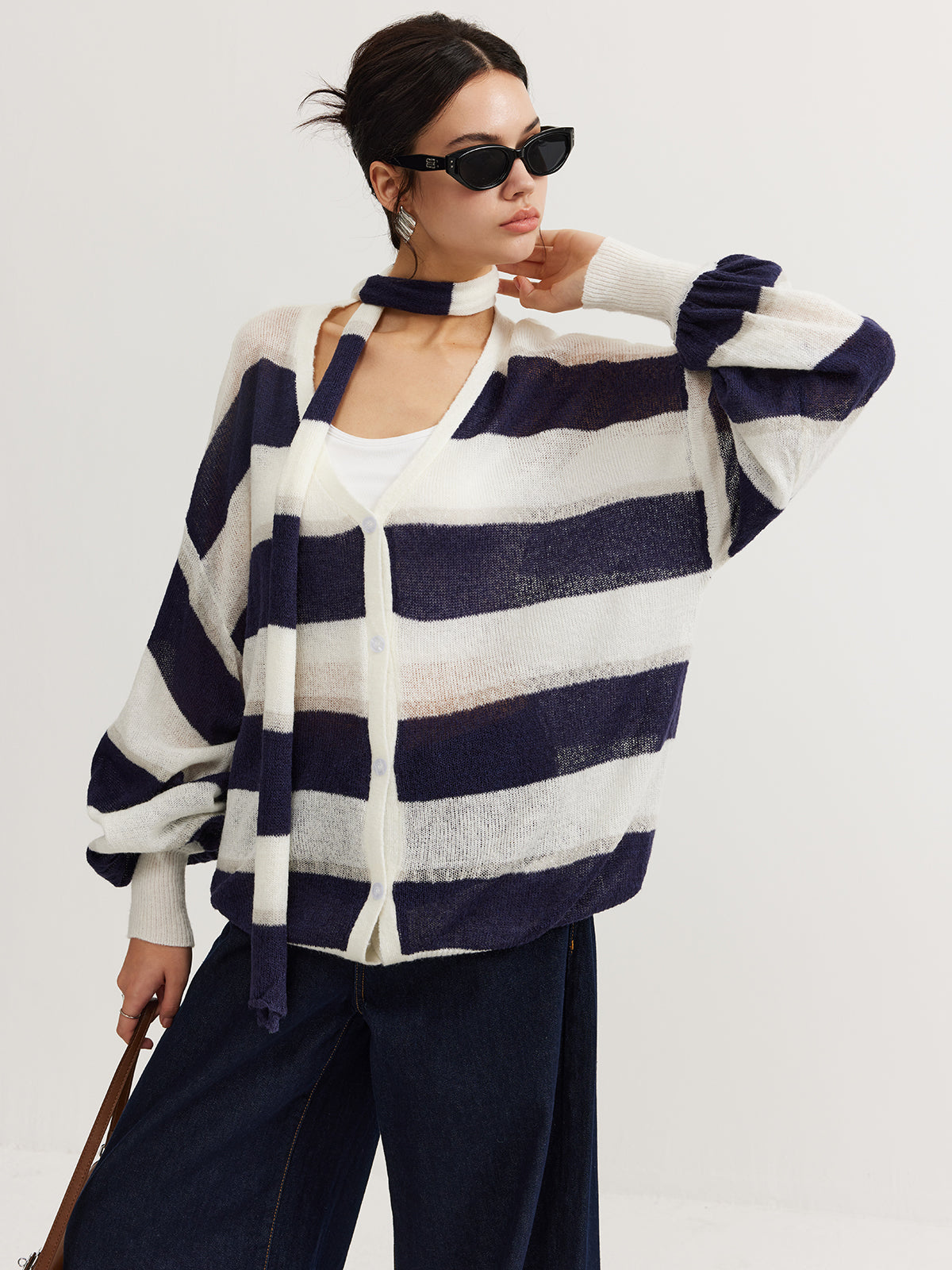 Striped Breasted Thin Cardigan With Scarf