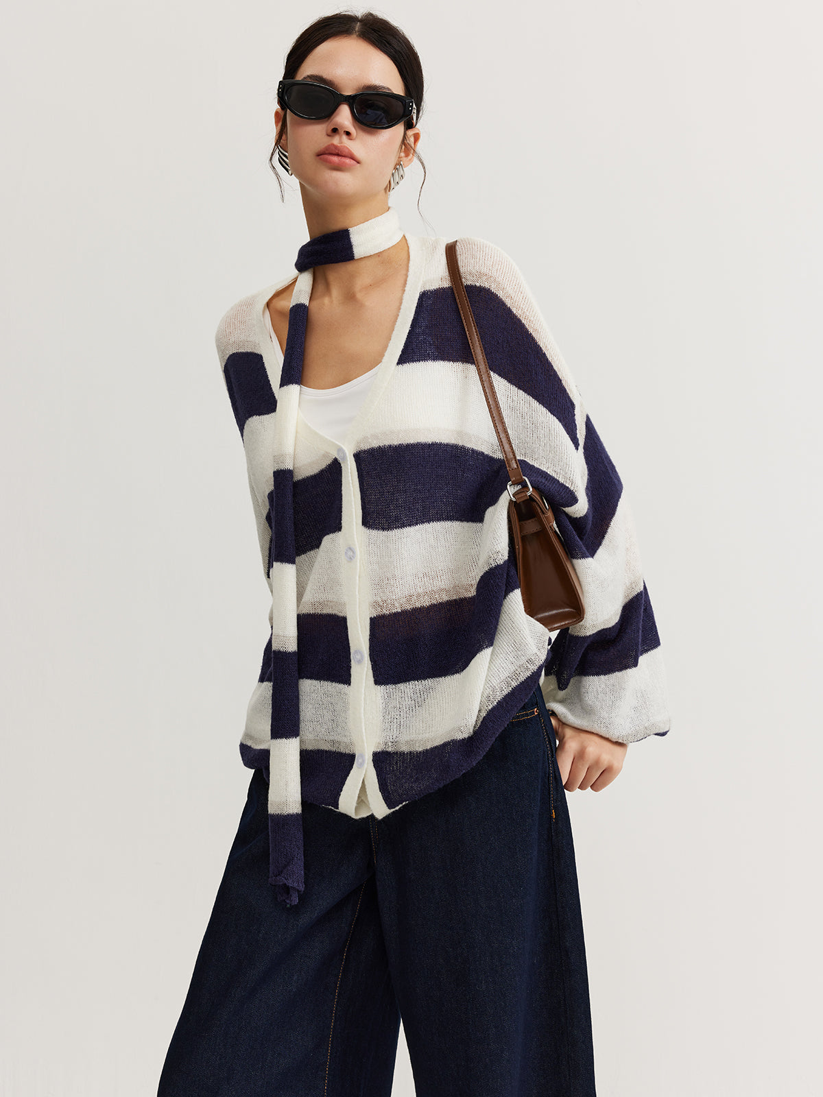 Striped Breasted Thin Cardigan With Scarf