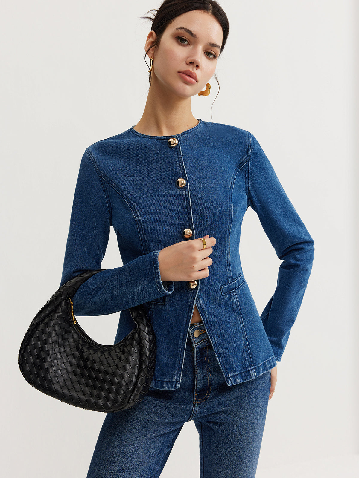 Button Down Denim Slim Blouse