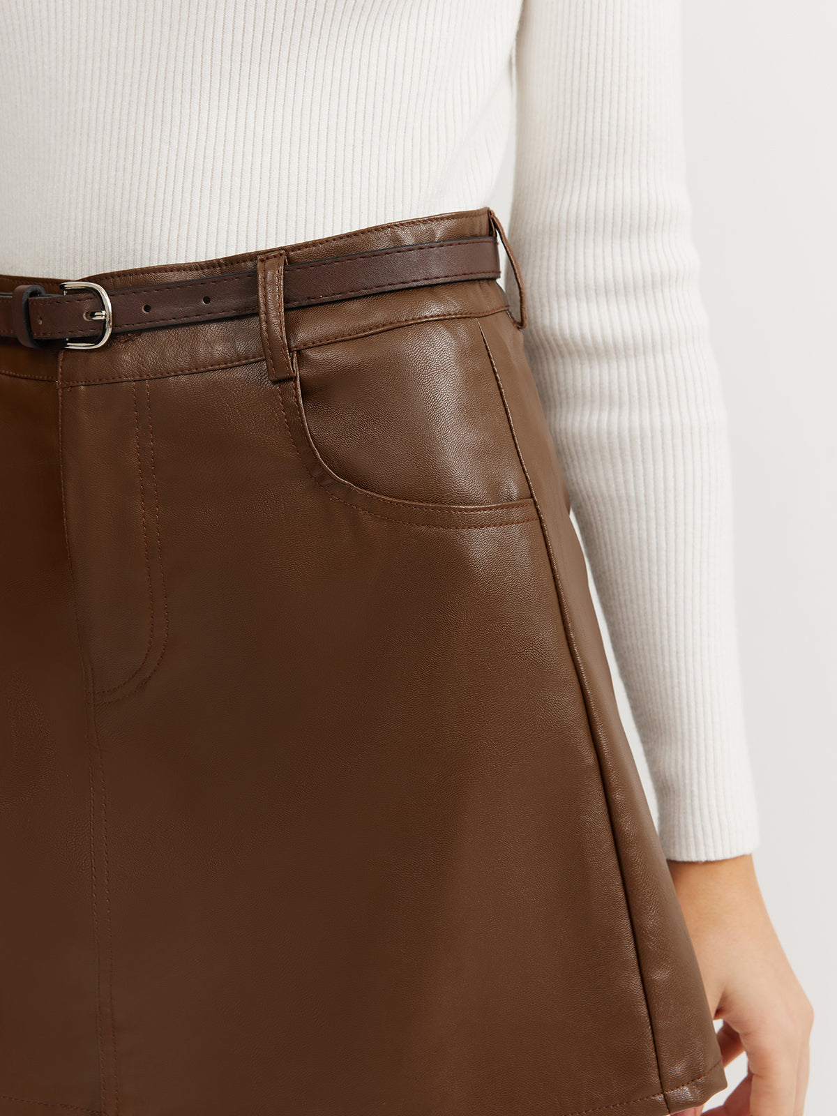 Plain Faux Leather Belted Skirt