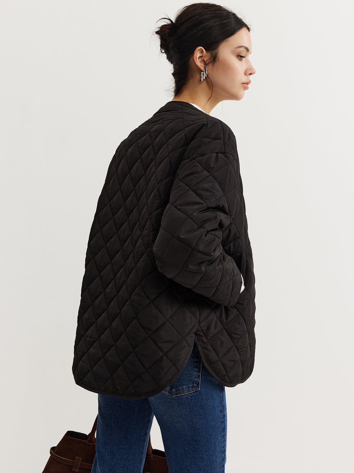 Plain Quilted Button Winter Coat With Scarf