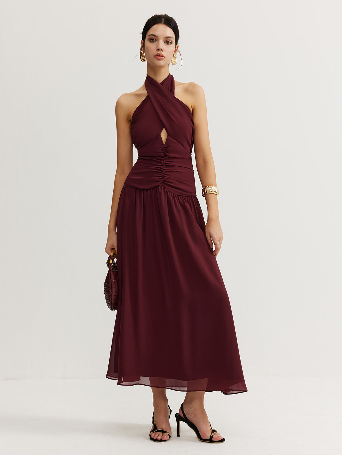 Cross-Over Halter Pleated Long Dress