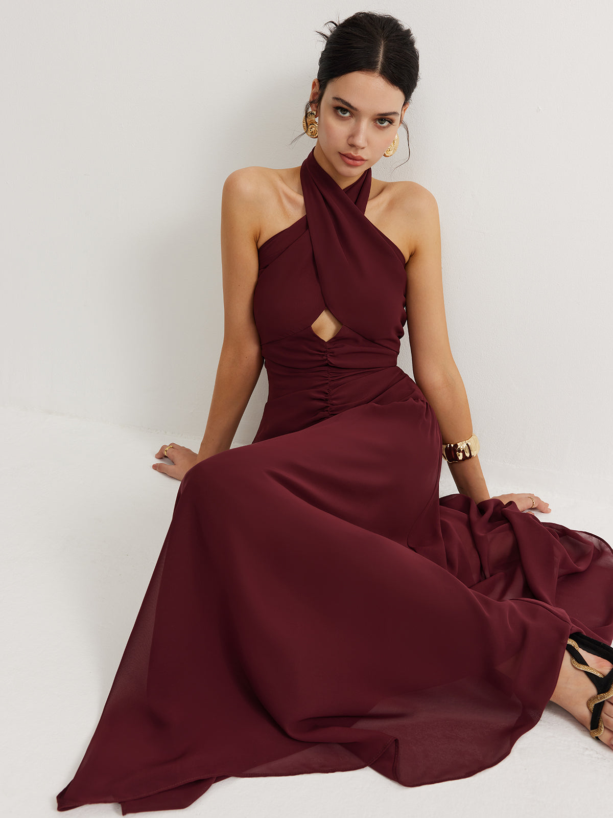 Cross-Over Halter Pleated Long Dress