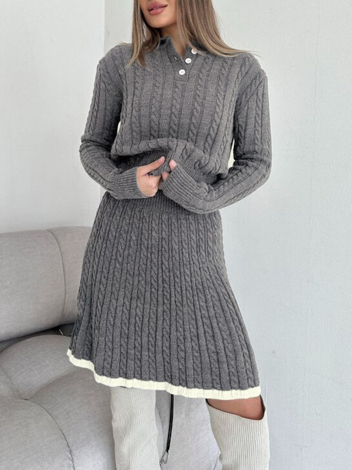 Contrast Trim Cable-Knit Lapel Skirt Set