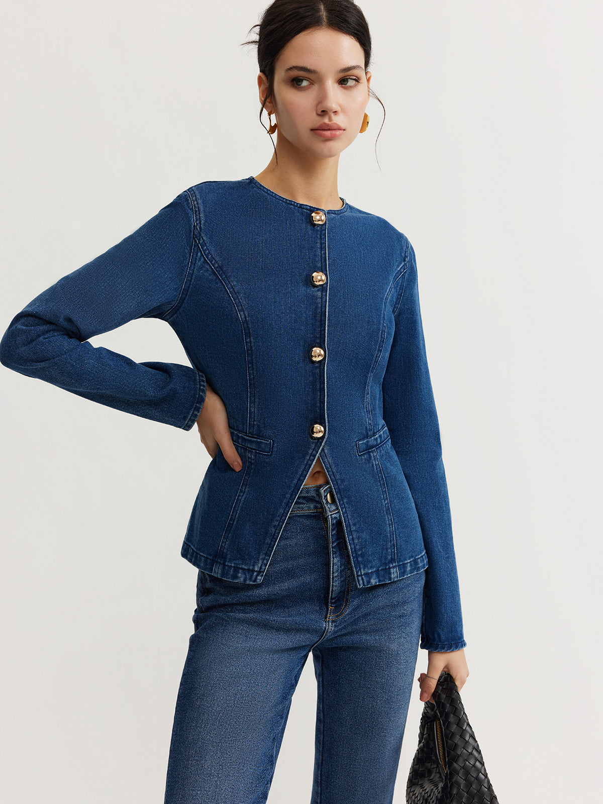 Button Down Denim Slim Blouse