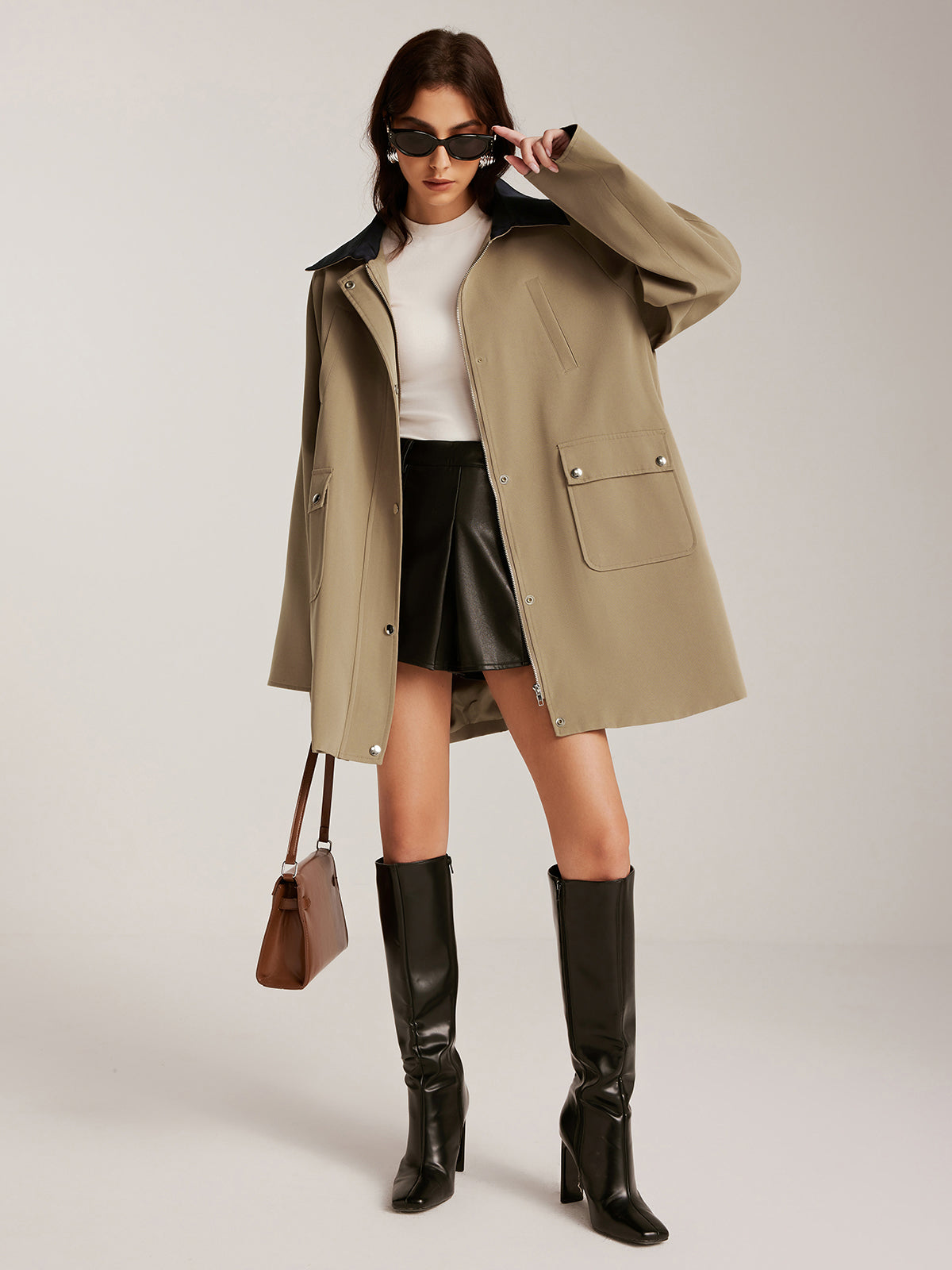 Contrast-Collar Zipper Loose Trench Coat