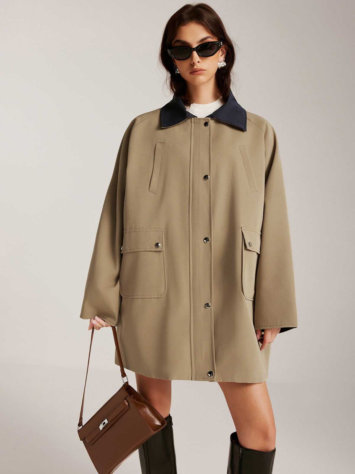 Contrast-Collar Zipper Loose Trench Coat