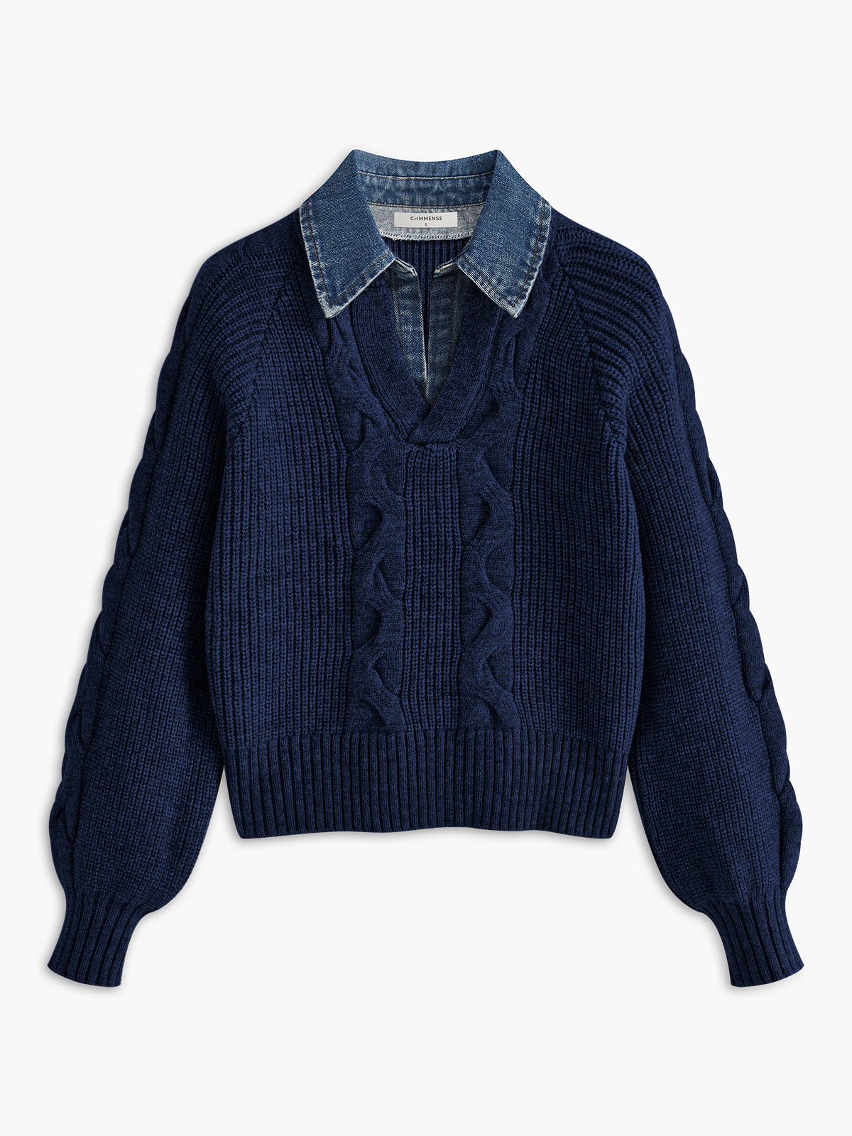 Denim Panel Ribbad Lapel Sweater