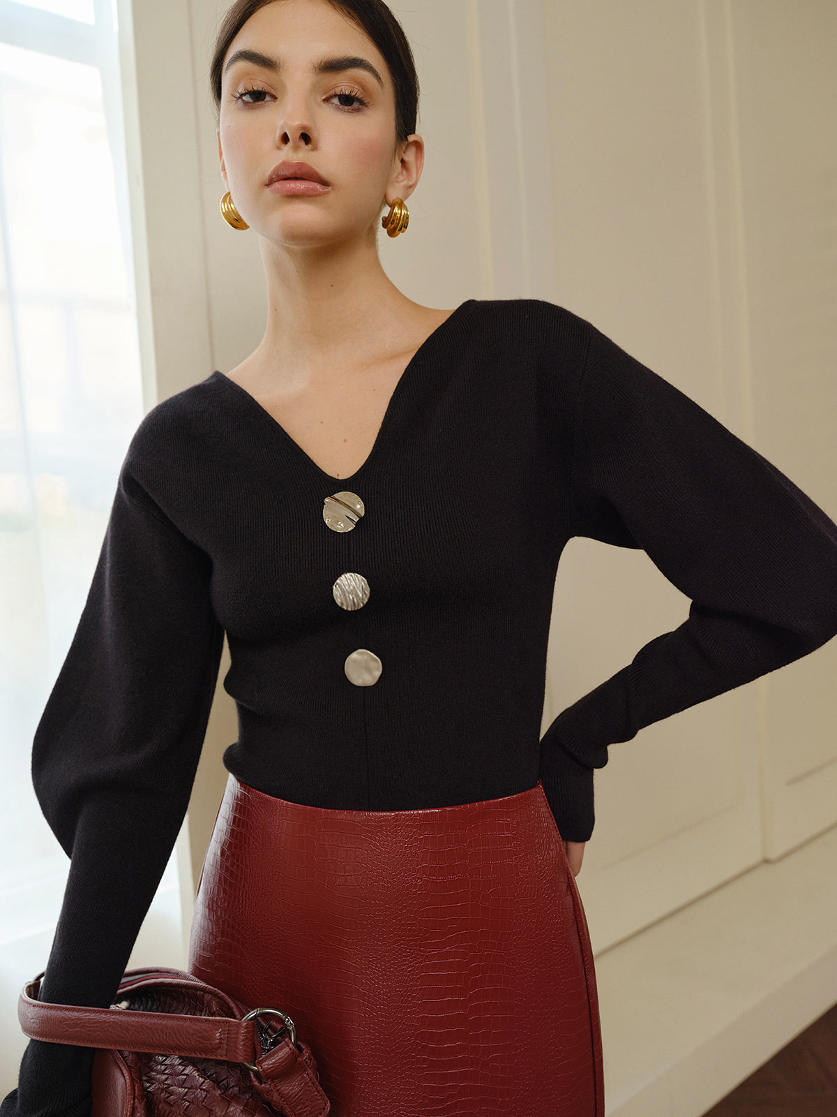 V-Neck Leg-Of Mutton Sleeve Sweater