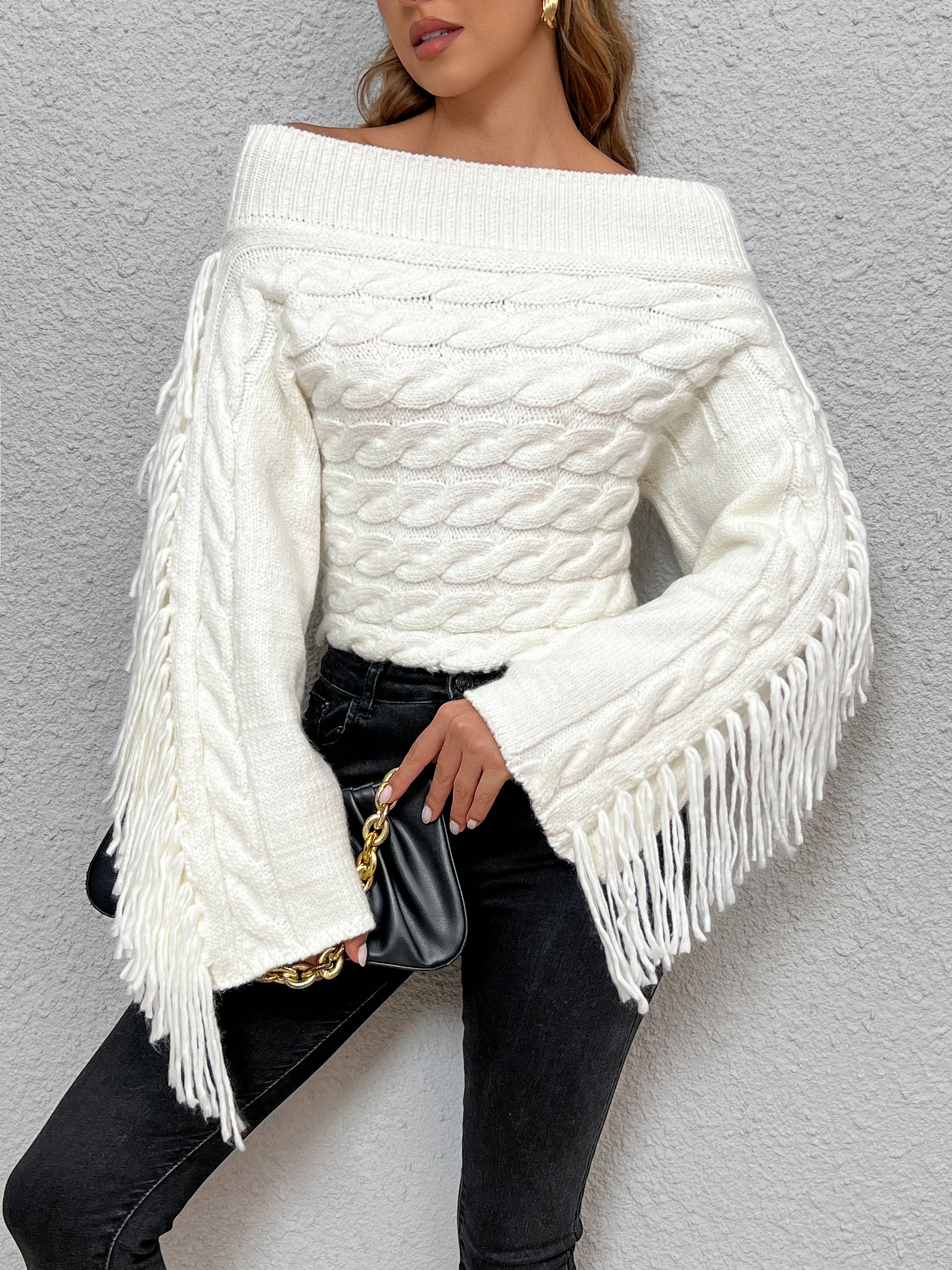 Beheme Off-Shoulder Tassel Sweater