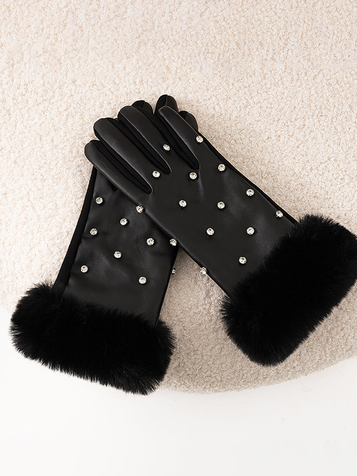 Rhinestone Fuzzy Cuff Warm Gloves