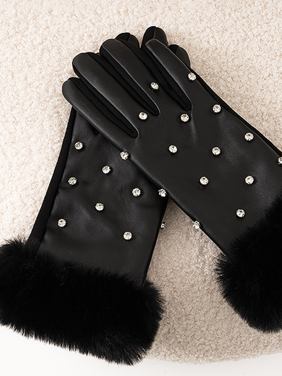 Rhinestone Fuzzy Cuff Warm Gloves