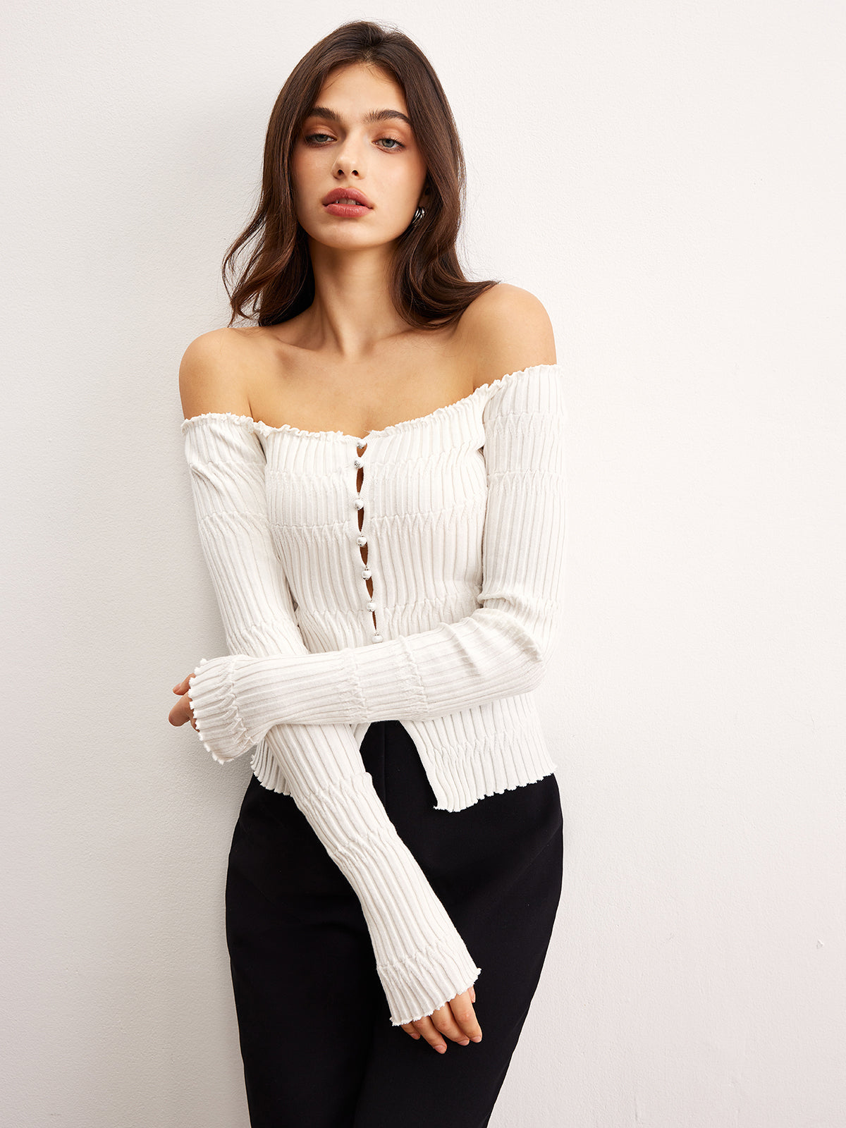 Off-Shoulder Lettuce Trim Cardigan