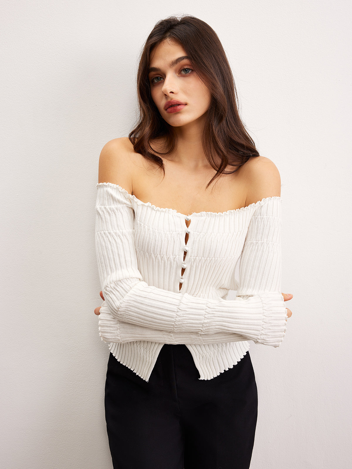 Off-Shoulder Lettuce Trim Cardigan