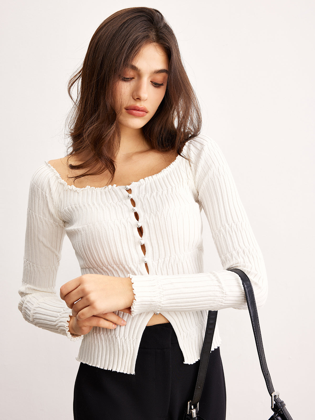 Off-Shoulder Lettuce Trim Cardigan