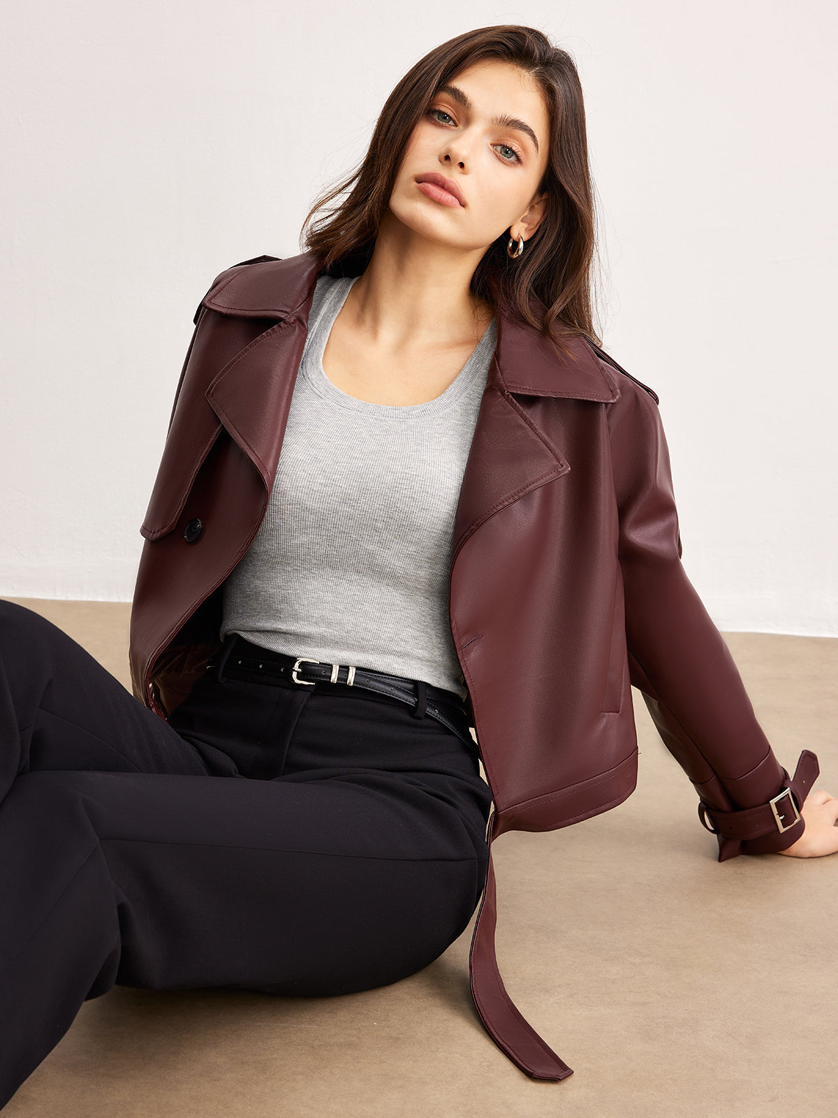 Faux Leather Belted Short Jacket