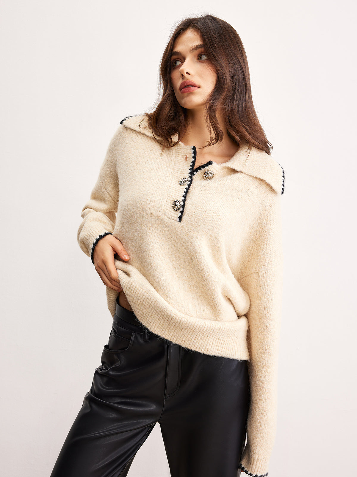 Wool-Blend Embroidered Trim Button Sweater