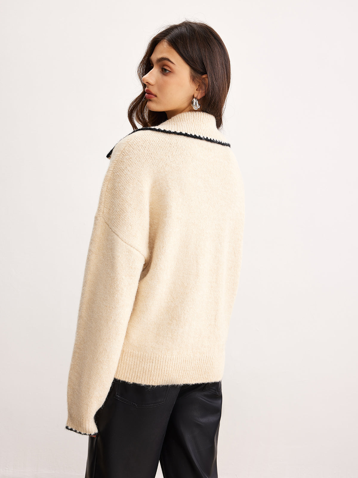 Wool-Blend Embroidered Trim Button Sweater