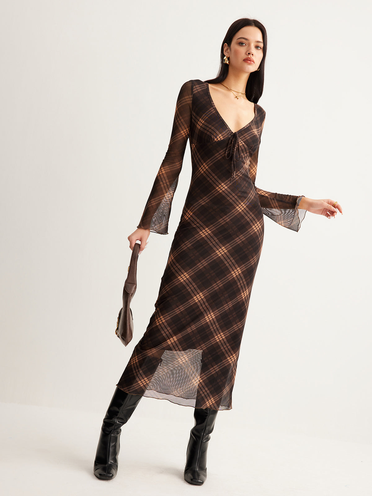 Checked Bell-Sleeve Mesh Dress