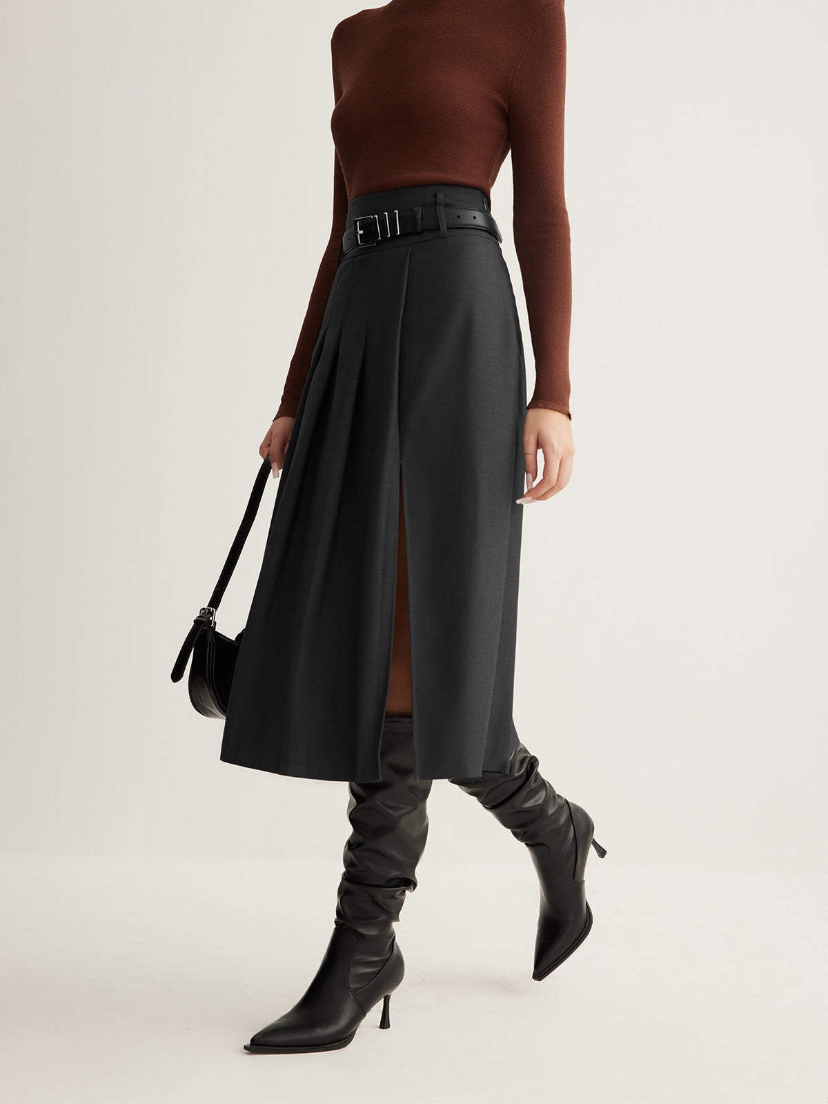 Side Split Pleated Skirt Without Belt