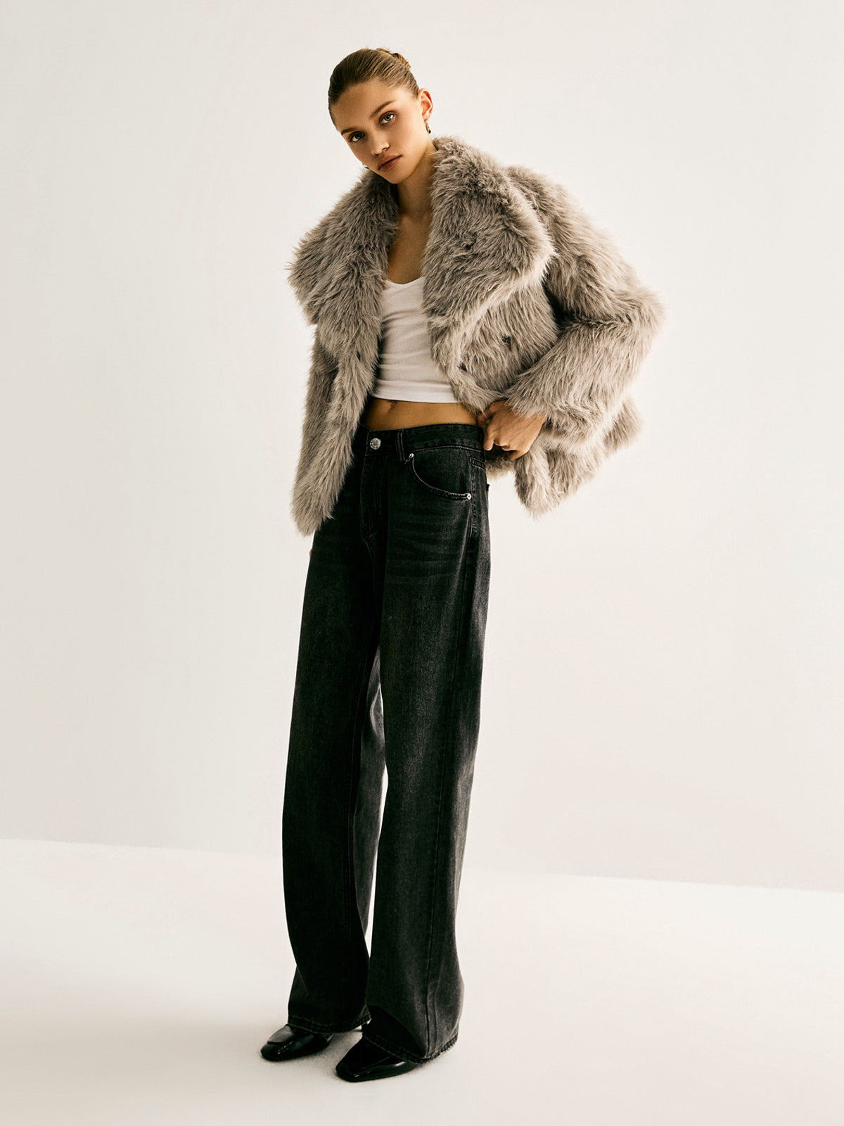 Lapel Pockets Faux Fur Coat