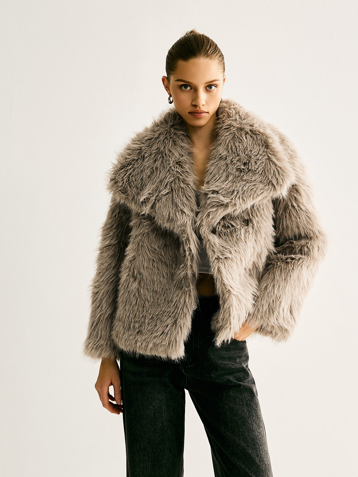 Lapel Pockets Faux Fur Coat