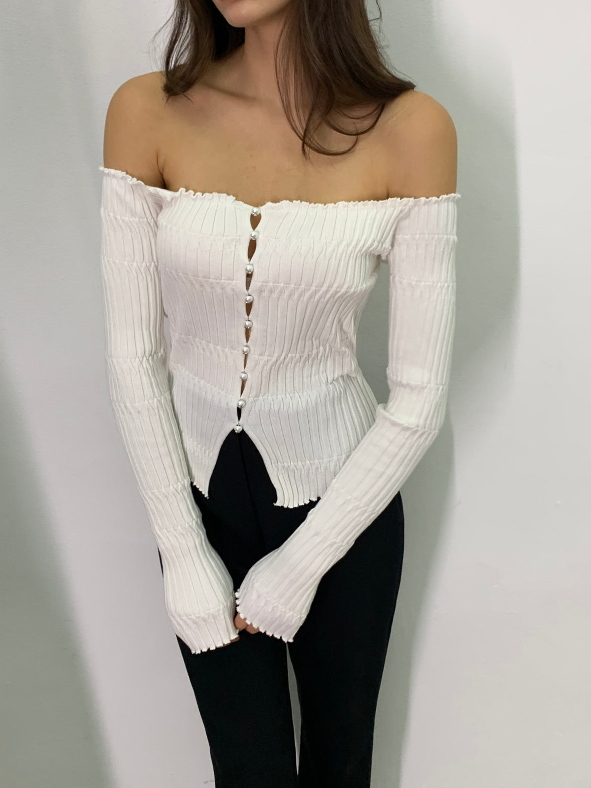 Off-Shoulder Lettuce Trim Cardigan